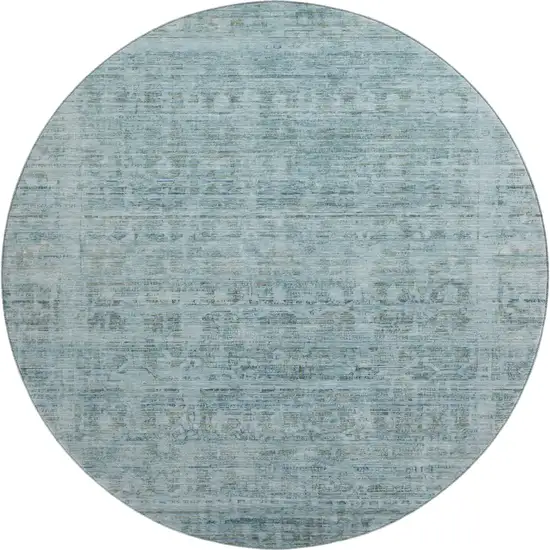 8' Sky Blue And Denim Blue Oriental Washable Round Rug With UV Protection Photo 1