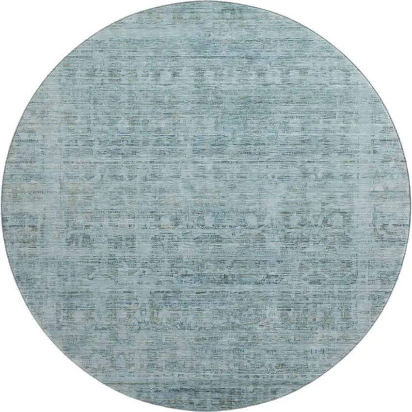 8' Sky Blue And Denim Blue Oriental Washable Round Rug With UV Protection Photo 1