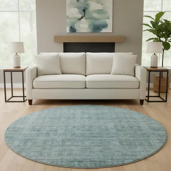 8' Sky Blue And Denim Blue Oriental Washable Round Rug With UV Protection Photo 2