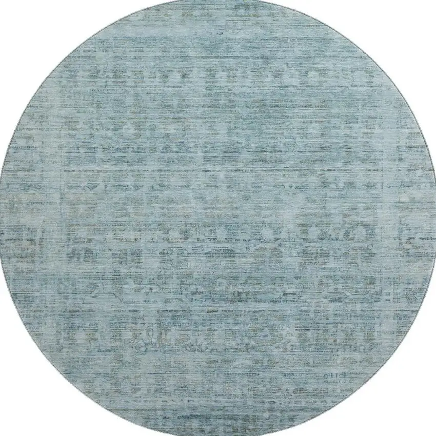 8' Sky Blue And Denim Blue Oriental Washable Round Rug With UV Protection Photo 2