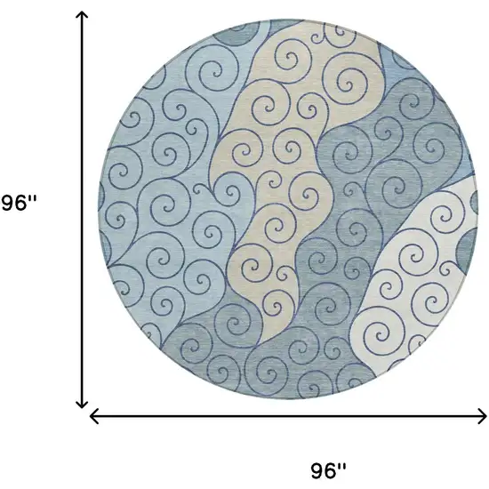 8' Sky Blue And Denim Blue Round Abstract Washable Indoor Outdoor Area Rug Photo 8