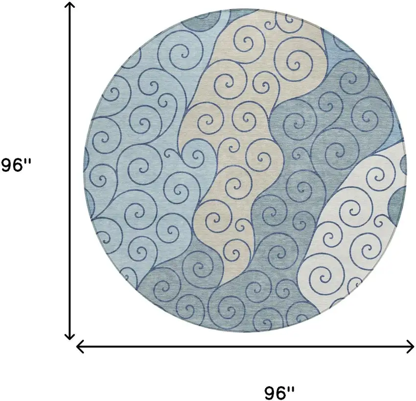 8' Sky Blue And Denim Blue Round Abstract Washable Indoor Outdoor Area Rug Photo 8