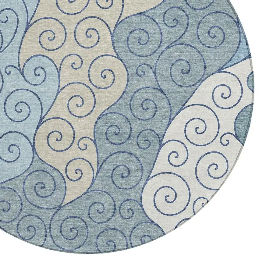 8' Sky Blue And Denim Blue Round Abstract Washable Indoor Outdoor Area Rug Photo 2