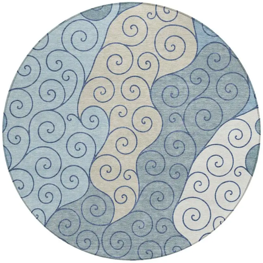 8' Sky Blue And Denim Blue Round Abstract Washable Indoor Outdoor Area Rug Photo 3