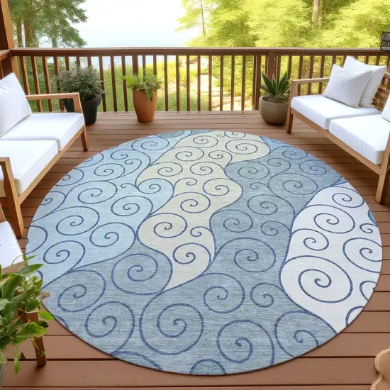 8' Sky Blue And Denim Blue Round Abstract Washable Indoor Outdoor Area Rug Photo 4