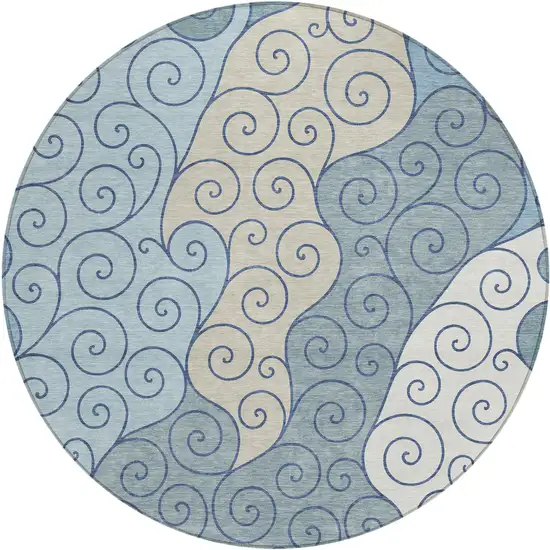 8' Sky Blue And Denim Blue Round Abstract Washable Indoor Outdoor Area Rug Photo 1