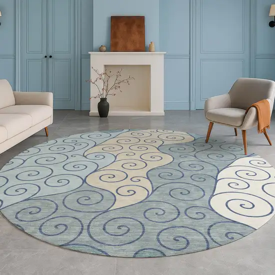 8' Sky Blue And Denim Blue Round Abstract Washable Indoor Outdoor Area Rug Photo 5