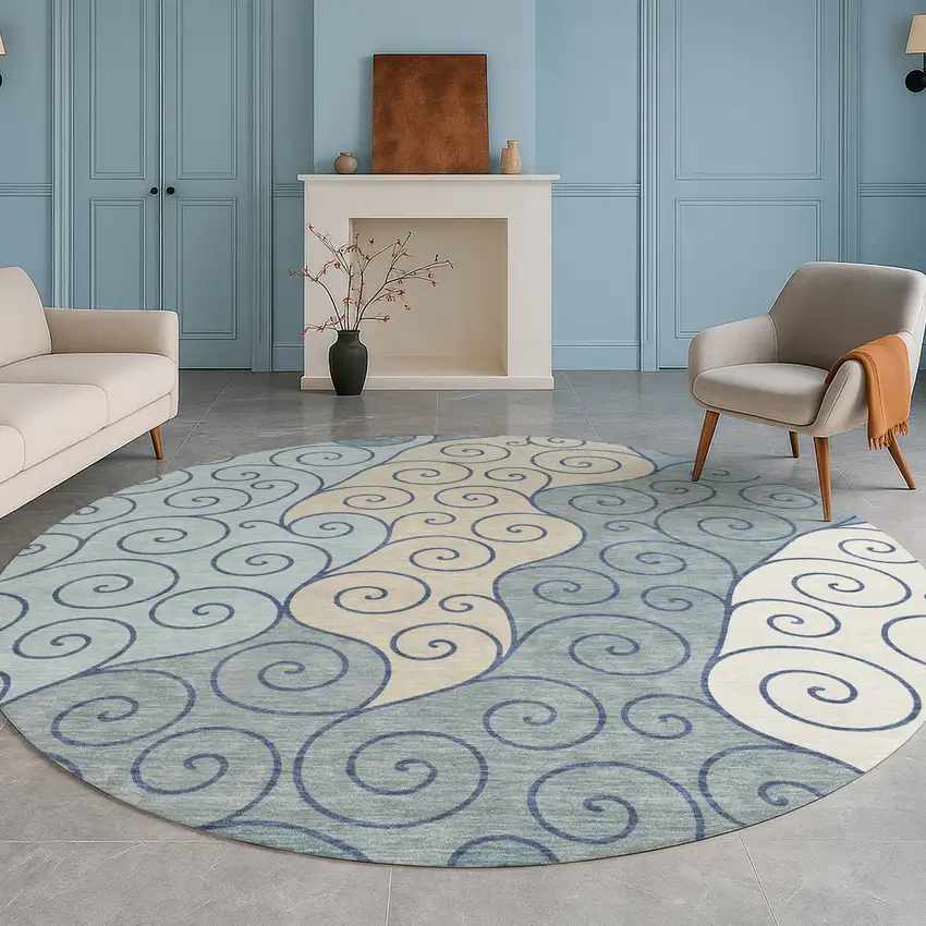 8' Sky Blue And Denim Blue Round Abstract Washable Indoor Outdoor Area Rug Photo 5