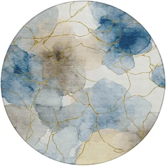 8' Sky Blue And Denim Blue Round Abstract Washable Indoor Outdoor Area Rug Photo 1