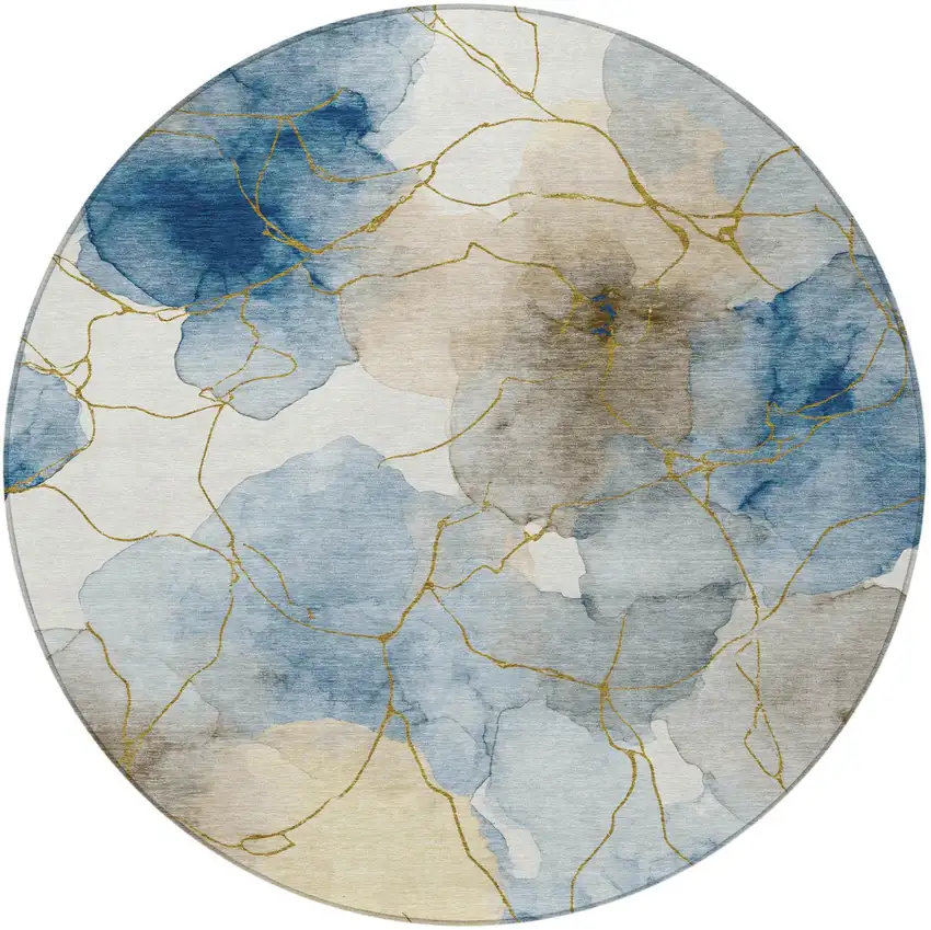 8' Sky Blue And Denim Blue Round Abstract Washable Indoor Outdoor Area Rug Photo 3