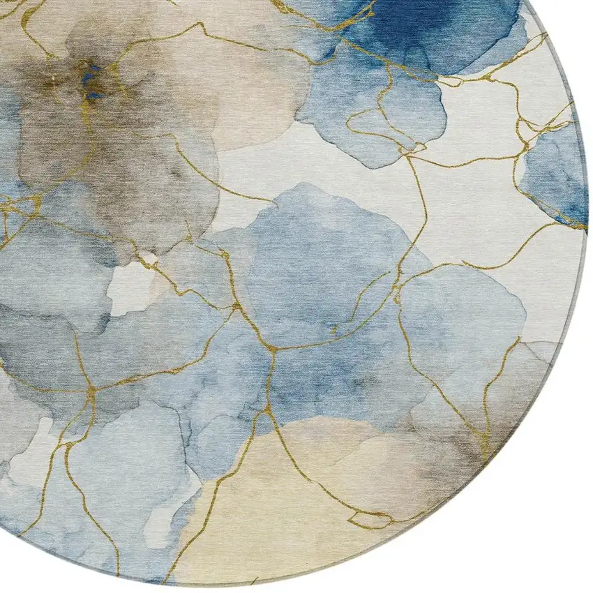 8' Sky Blue And Denim Blue Round Abstract Washable Indoor Outdoor Area Rug Photo 2