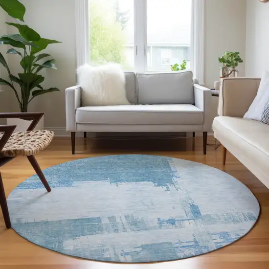 8' Sky Blue And Denim Blue Round Abstract Washable Indoor Outdoor Area Rug Photo 6