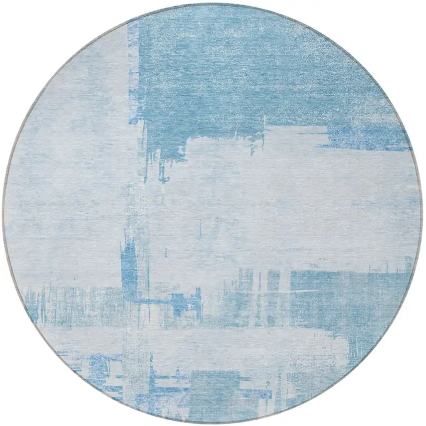 8' Sky Blue And Denim Blue Round Abstract Washable Indoor Outdoor Area Rug Photo 4