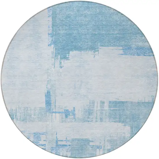 8' Sky Blue And Denim Blue Round Abstract Washable Indoor Outdoor Area Rug Photo 4