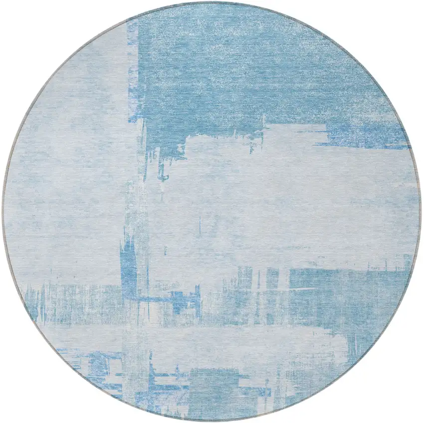 8' Sky Blue And Denim Blue Round Abstract Washable Indoor Outdoor Area Rug Photo 4