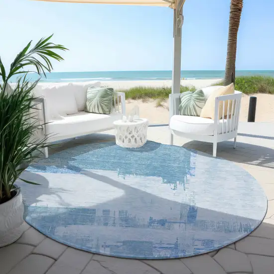 8' Sky Blue And Denim Blue Round Abstract Washable Indoor Outdoor Area Rug Photo 5