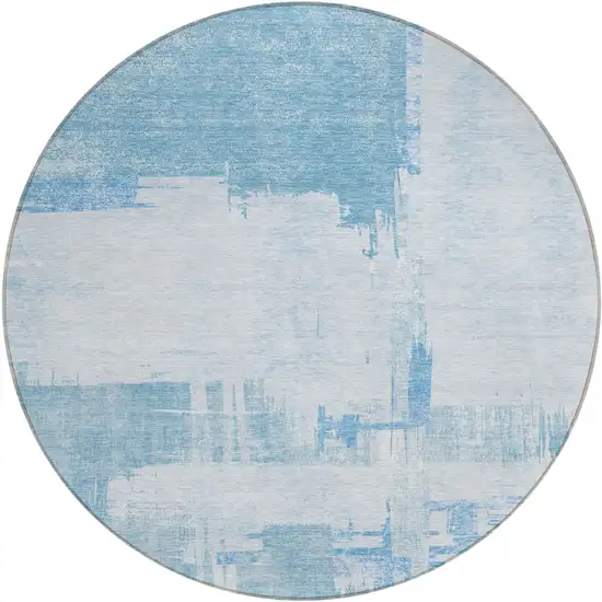8' Sky Blue And Denim Blue Round Abstract Washable Indoor Outdoor Area Rug Photo 1