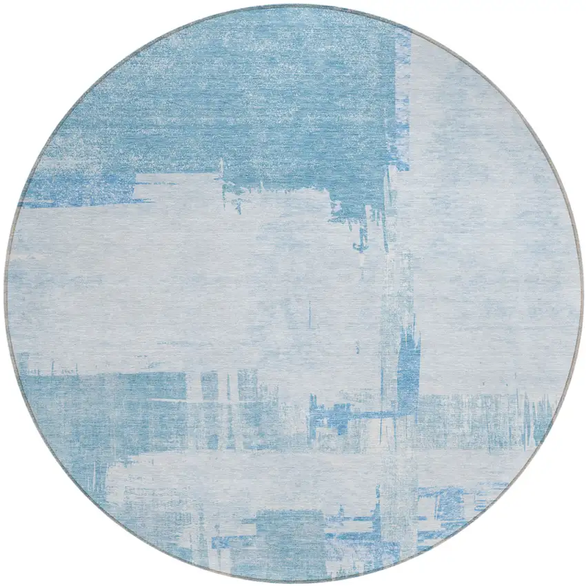 8' Sky Blue And Denim Blue Round Abstract Washable Indoor Outdoor Area Rug Photo 1