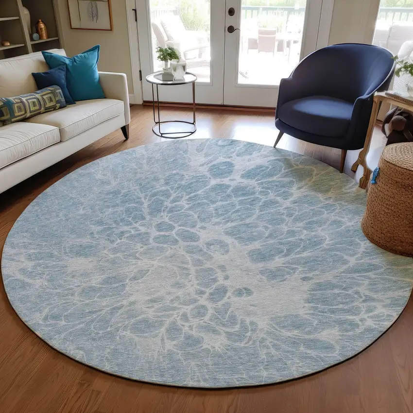 8' Sky Blue And Denim Blue Round Abstract Washable Indoor Outdoor Area Rug Photo 8