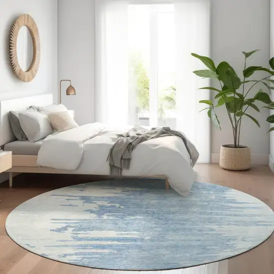 8' Sky Blue And Denim Blue Round Abstract Washable Indoor Outdoor Area Rug Photo 7