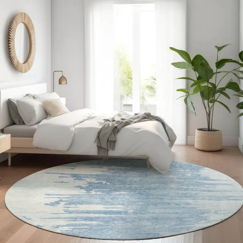 8' Sky Blue And Denim Blue Round Abstract Washable Indoor Outdoor Area Rug Photo 7