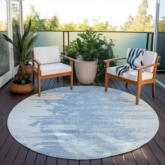 8' Sky Blue And Denim Blue Round Abstract Washable Indoor Outdoor Area Rug Photo 6