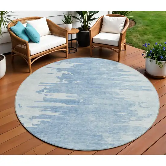 8' Sky Blue And Denim Blue Round Abstract Washable Indoor Outdoor Area Rug Photo 1