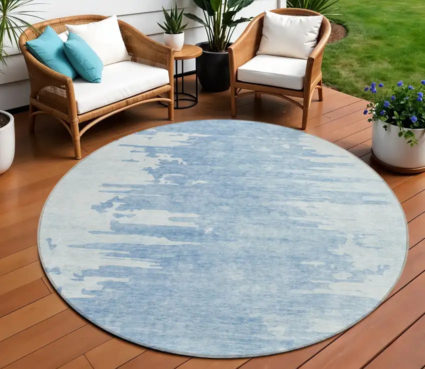 8' Sky Blue And Denim Blue Round Abstract Washable Indoor Outdoor Area Rug Photo 1