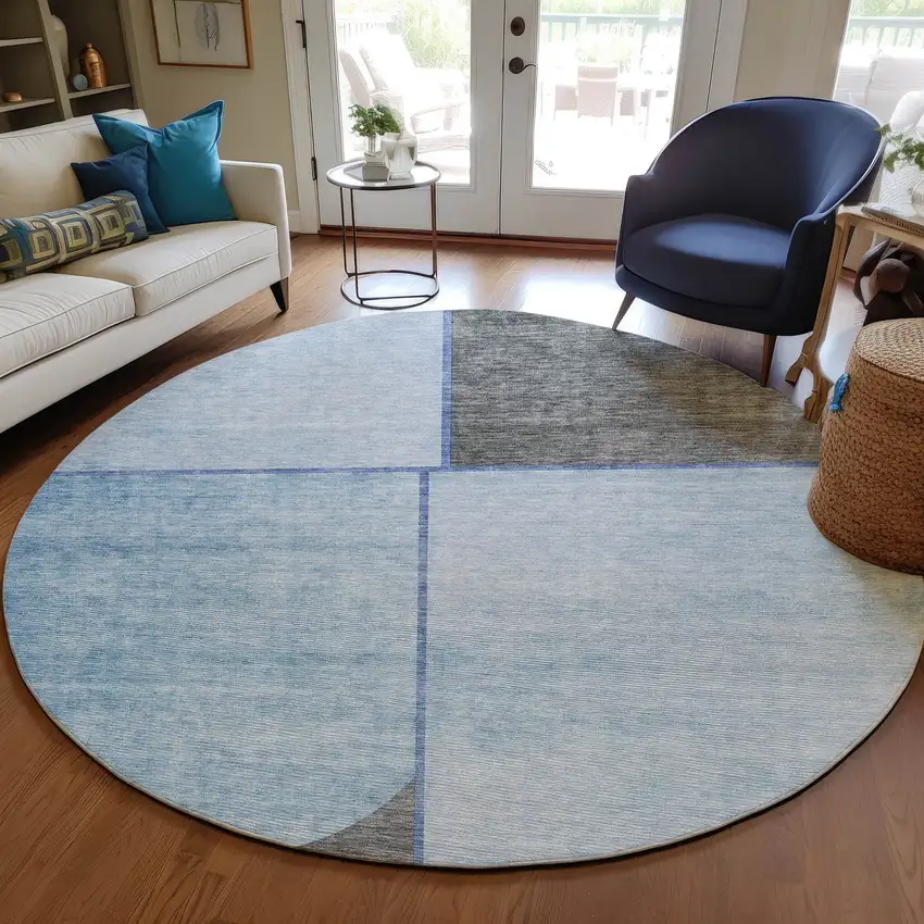 8' Sky Blue And Denim Blue Round Abstract Washable Indoor Outdoor Area Rug Photo 7