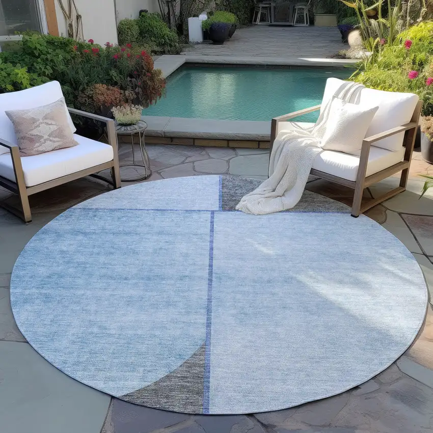 8' Sky Blue And Denim Blue Round Abstract Washable Indoor Outdoor Area Rug Photo 6