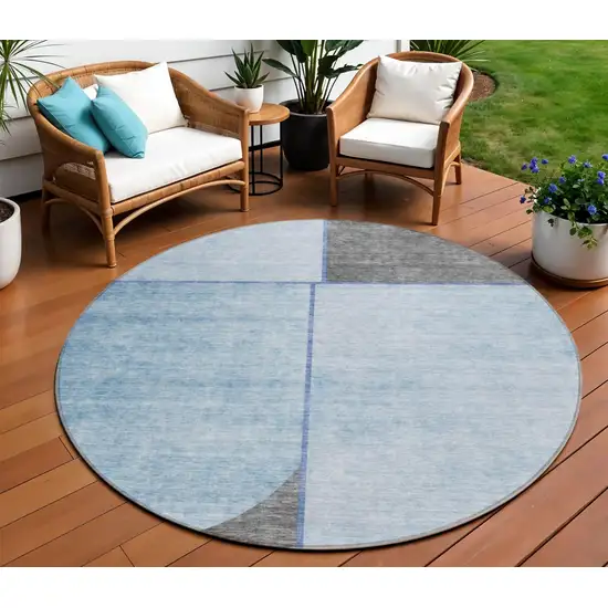 8' Sky Blue And Denim Blue Round Abstract Washable Indoor Outdoor Area Rug Photo 1