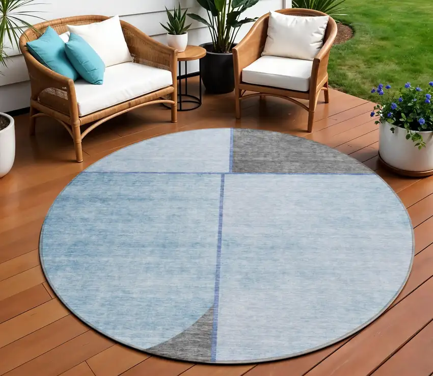 8' Sky Blue And Denim Blue Round Abstract Washable Indoor Outdoor Area Rug Photo 1