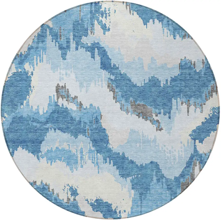 8' Sky Blue And Denim Blue Round Abstract Washable Indoor Outdoor Area Rug Photo 5