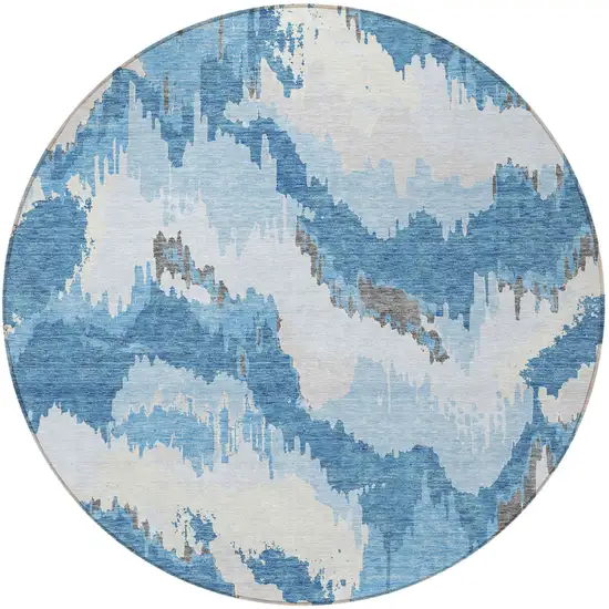 8' Sky Blue And Denim Blue Round Abstract Washable Indoor Outdoor Area Rug Photo 5
