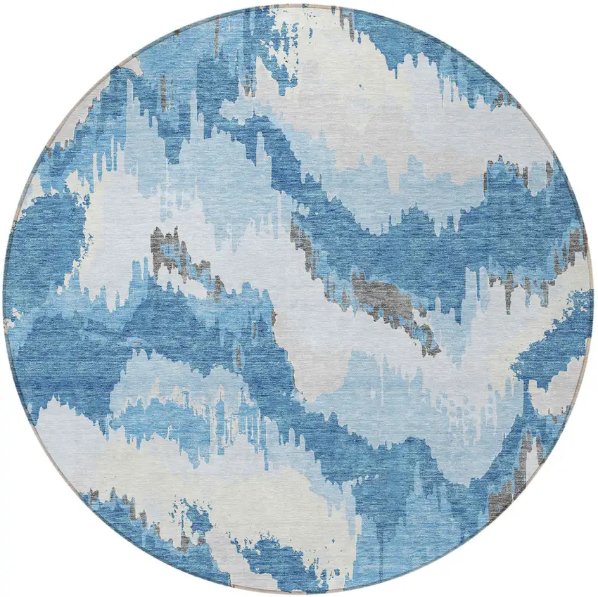 8' Sky Blue And Denim Blue Round Abstract Washable Indoor Outdoor Area Rug Photo 5
