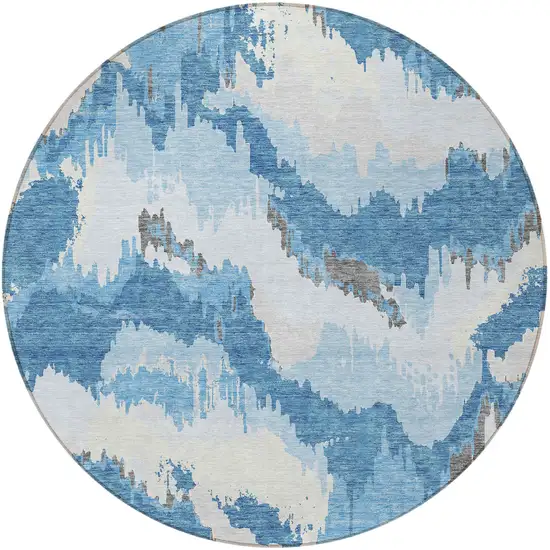 8' Sky Blue And Denim Blue Round Abstract Washable Indoor Outdoor Area Rug Photo 5
