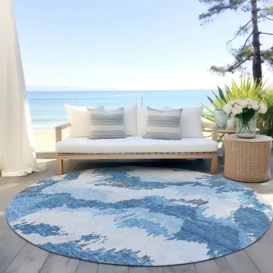 8' Sky Blue And Denim Blue Round Abstract Washable Indoor Outdoor Area Rug Photo 6