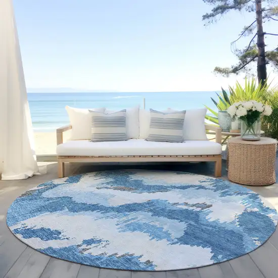 8' Sky Blue And Denim Blue Round Abstract Washable Indoor Outdoor Area Rug Photo 6