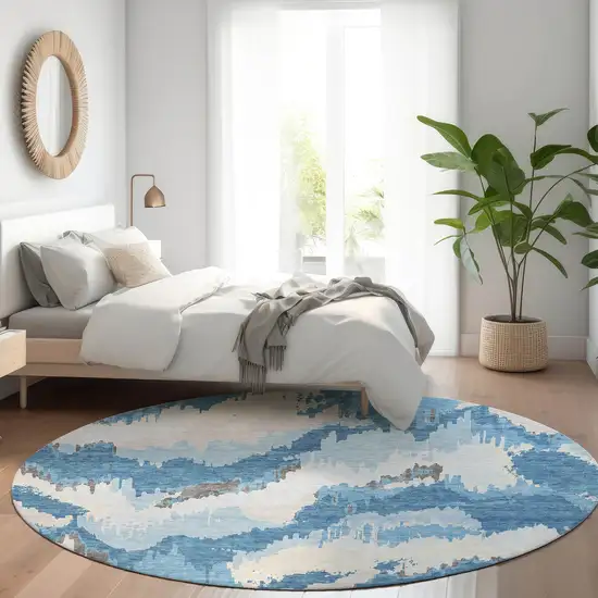 8' Sky Blue And Denim Blue Round Abstract Washable Indoor Outdoor Area Rug Photo 7