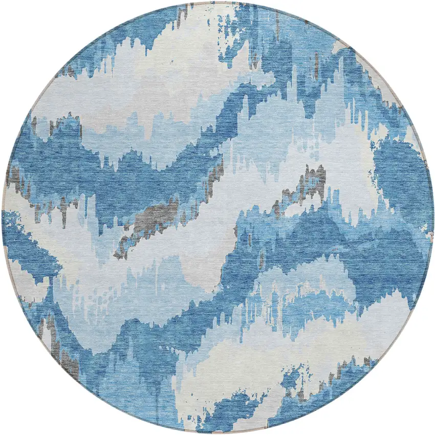 8' Sky Blue And Denim Blue Round Abstract Washable Indoor Outdoor Area Rug Photo 2