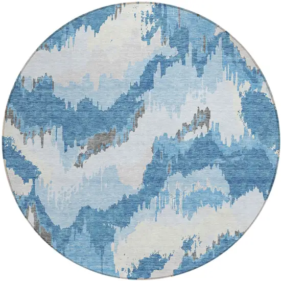 8' Sky Blue And Denim Blue Round Abstract Washable Indoor Outdoor Area Rug Photo 2