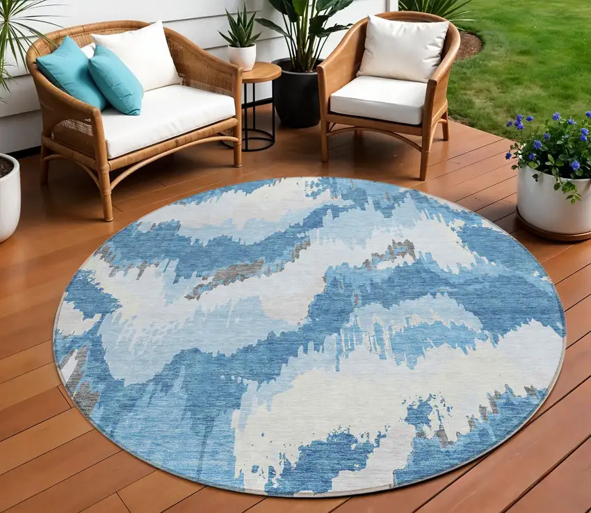 8' Sky Blue And Denim Blue Round Abstract Washable Indoor Outdoor Area Rug Photo 1