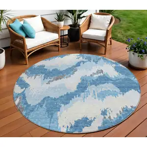 Photo of 8' Sky Blue And Denim Blue Round Abstract Washable Indoor Outdoor Area Rug