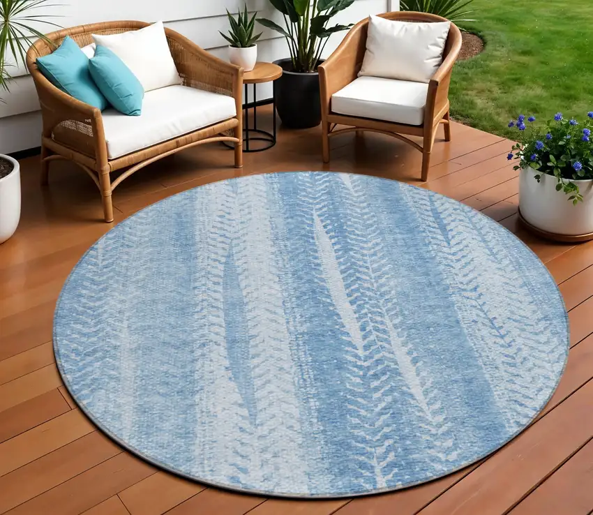 8' Sky Blue And Denim Blue Round Botanical Leaves Washable Indoor Outdoor Area Rug Photo 1