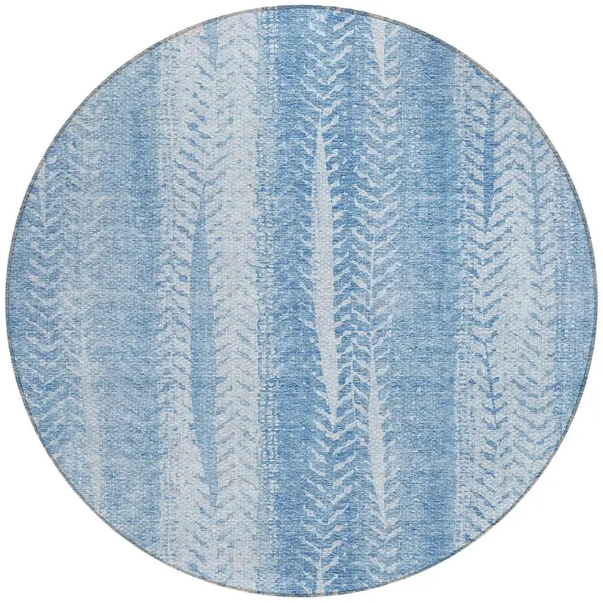 8' Sky Blue And Denim Blue Round Botanical Leaves Washable Indoor Outdoor Area Rug Photo 5