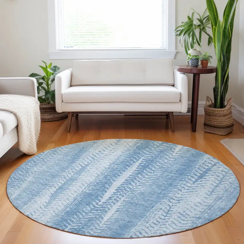 8' Sky Blue And Denim Blue Round Botanical Leaves Washable Indoor Outdoor Area Rug Photo 7