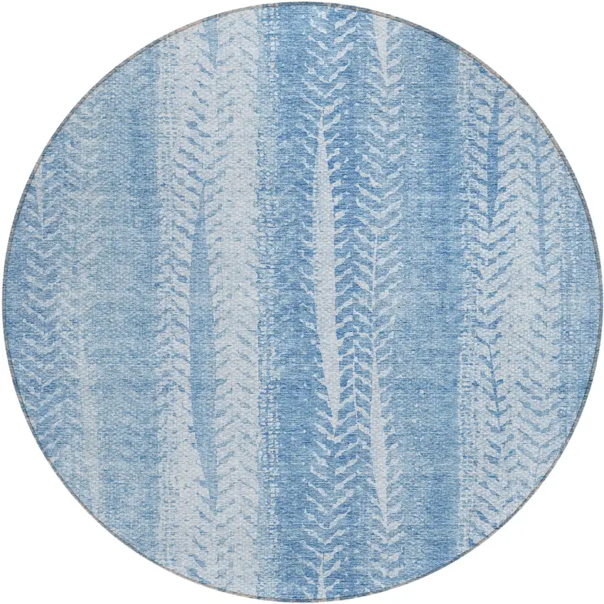 8' Sky Blue And Denim Blue Round Botanical Leaves Washable Indoor Outdoor Area Rug Photo 2