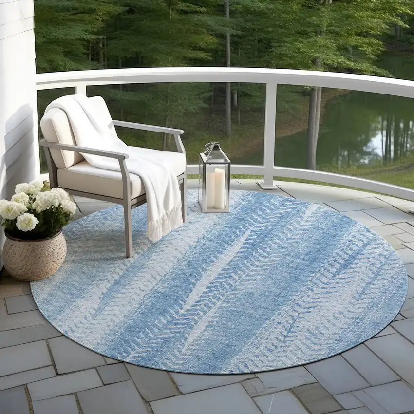 8' Sky Blue And Denim Blue Round Botanical Leaves Washable Indoor Outdoor Area Rug Photo 6