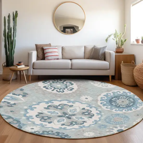 8' Sky Blue And Denim Blue Round Floral Medallion Washable Indoor Outdoor Area Rug Photo 7