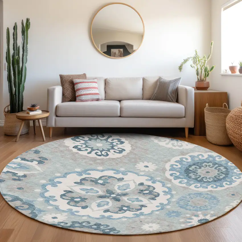 8' Sky Blue And Denim Blue Round Floral Medallion Washable Indoor Outdoor Area Rug Photo 7